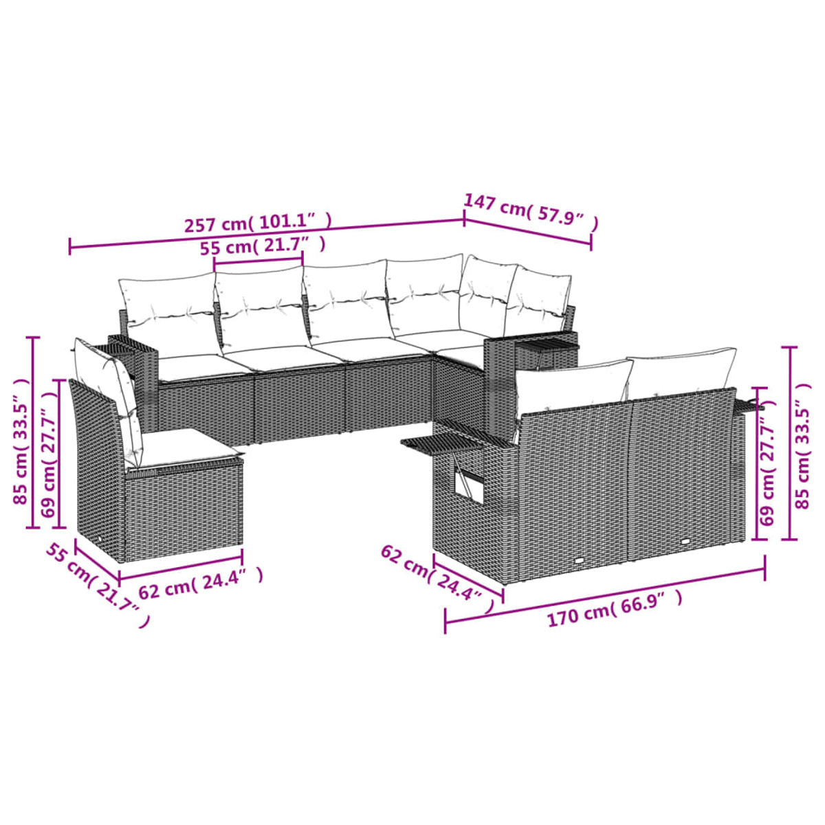Diagramm eines Outdoor-Ecksofas. Es hat ein dunkles Korbmuster mit weißen Kissen. Abmessungen sind beschriftet.