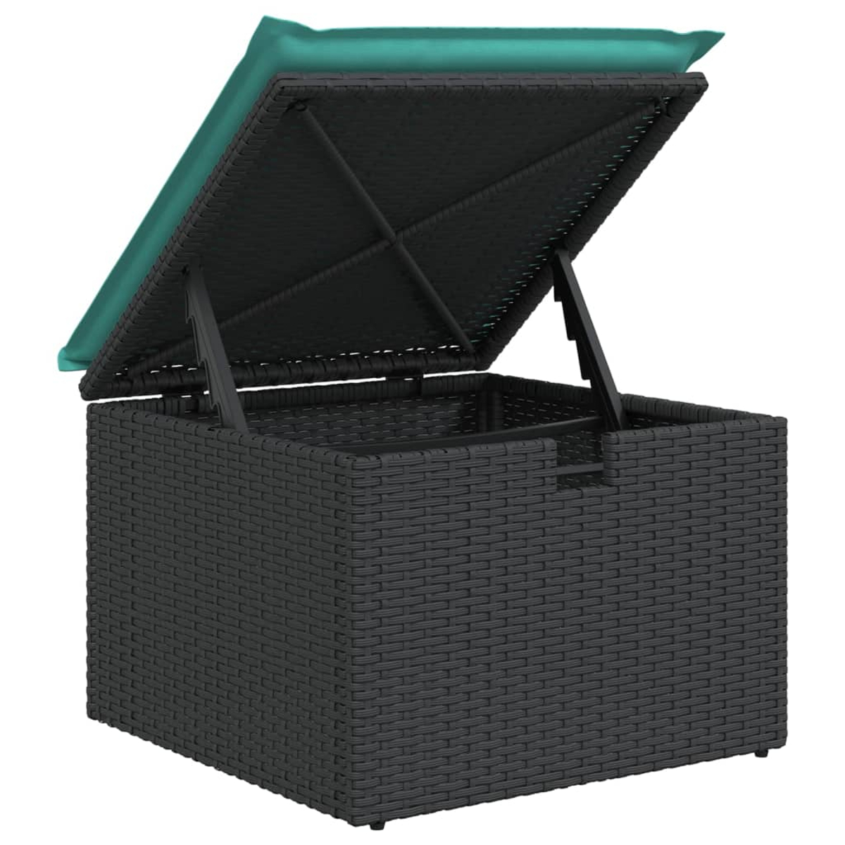 Eine schwarze Aufbewahrungsbox aus Korbgeflecht mit offenem Deckel. Der Deckel hat ein tealfarbenes Kissen. Es wird von Metallscharnieren getragen.