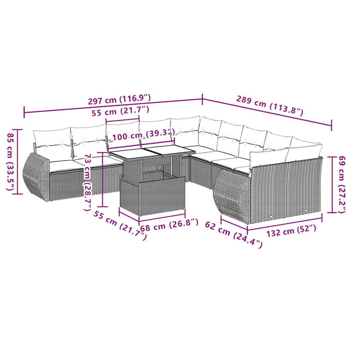 Outdoor-Wicker-Sofagarnitur mit Maßangaben in cm und Zoll. Verfügt über mehrere Sitzbereiche und einen zentralen Tisch.