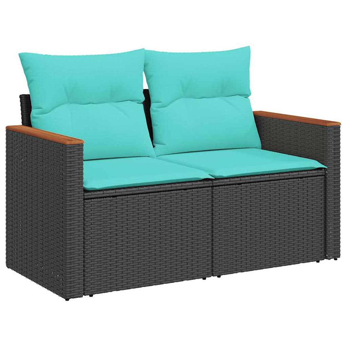 Zweisitziges Korbmöbelsofa mit türkisfarbenen Kissen. Holzarmlehnen. Das Sofa hat ein dunkelgraues Webmuster.