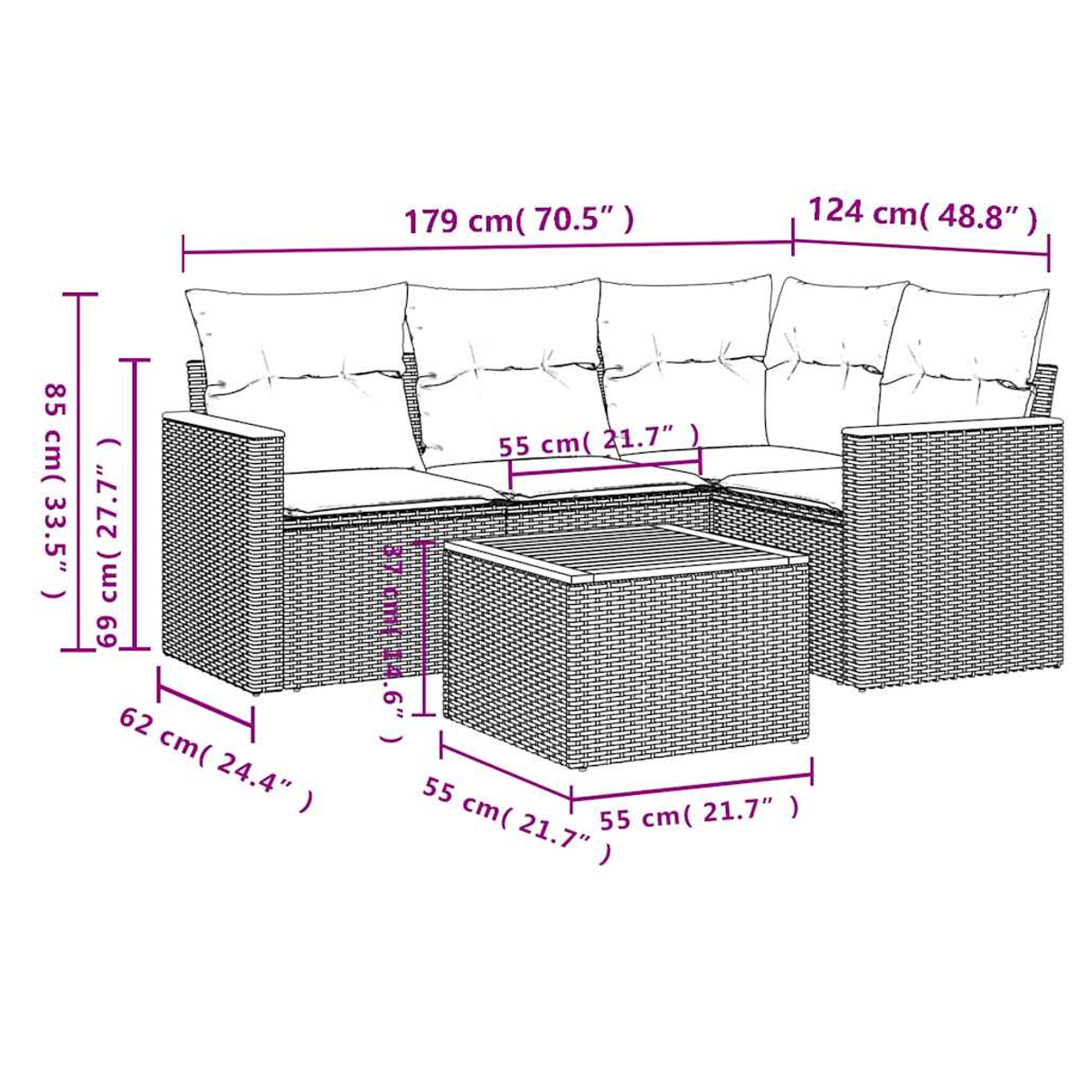 Ein Ecksofa für den Außenbereich und ein passender quadratischer Couchtisch werden mit Abmessungen gezeigt. Sie bestehen aus gewebtem Material.