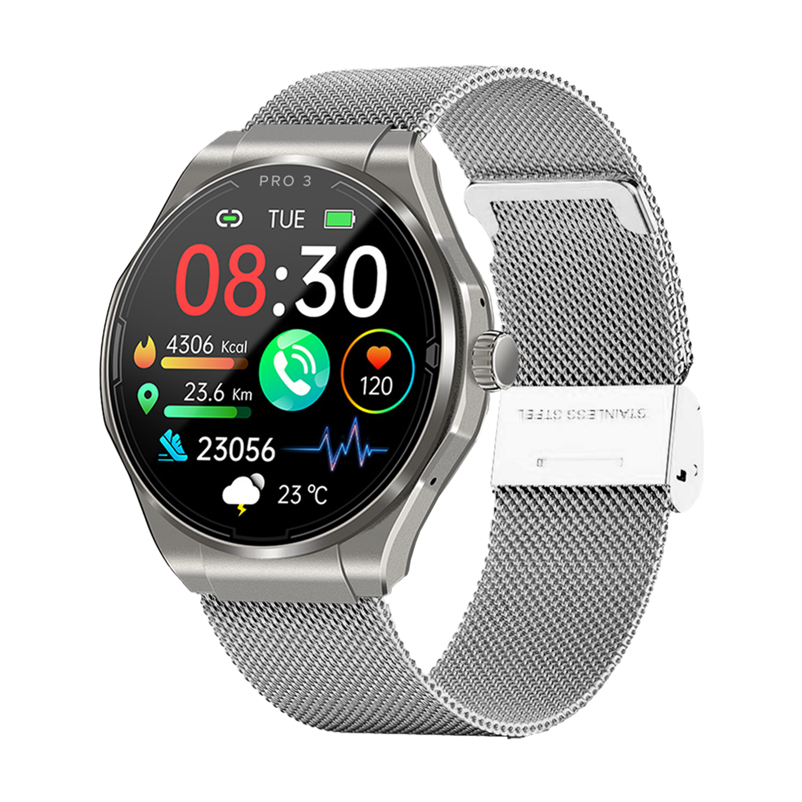 Eine silberne Smartwatch zeigt Zeit, Gesundheitsdaten und ein Edelstahlarmband. Der Bildschirm zeigt die Zeit und andere Statistiken.