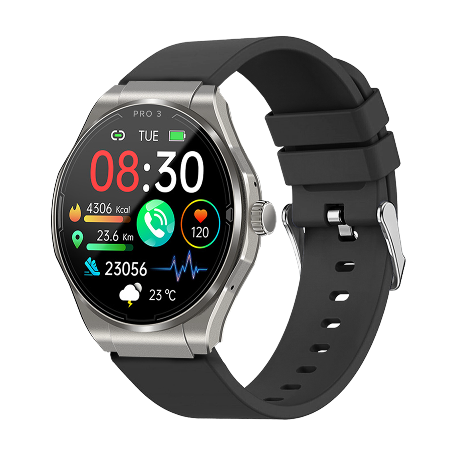 Smartwatch mit 08:30 Uhr, Aktivitätsdaten und Wetter. Schwarzes Armband und silbernes Gehäuse. Zeigt Kalorien, Schritte und Temperatur an.