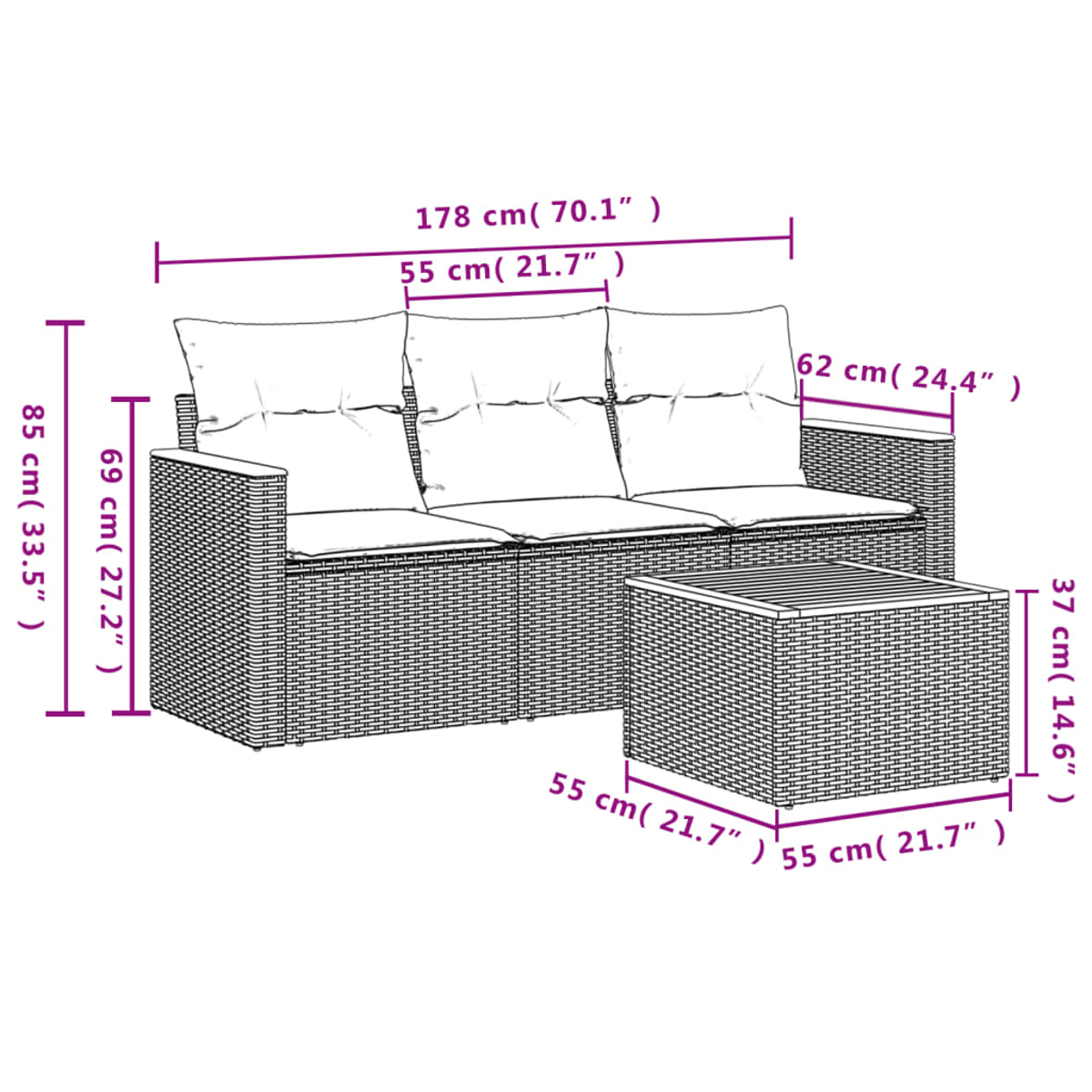 Ein Korbmöbel-Sofa mit Kissen und einem passenden Tisch. Maße sind in Zentimetern und Zoll angegeben.