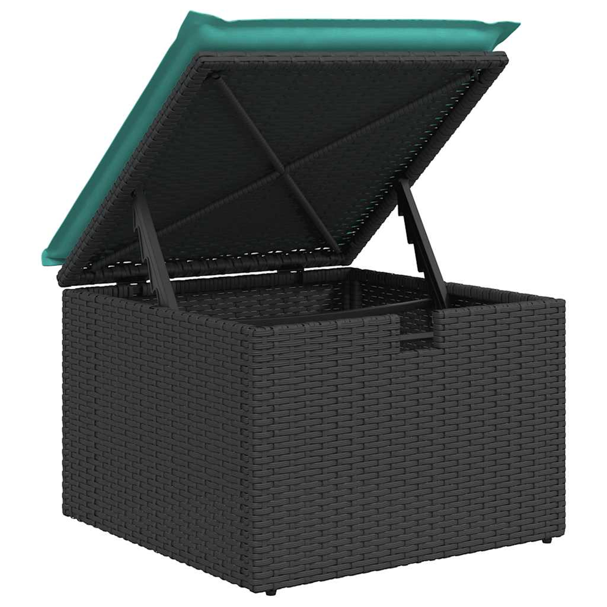 Eine schwarze, gewebte Aufbewahrungsbox mit offenem Deckel. Auf dem Deckel liegt ein tealfarbenes Kissen. Der Deckel wird von Metallstützen offen gehalten.