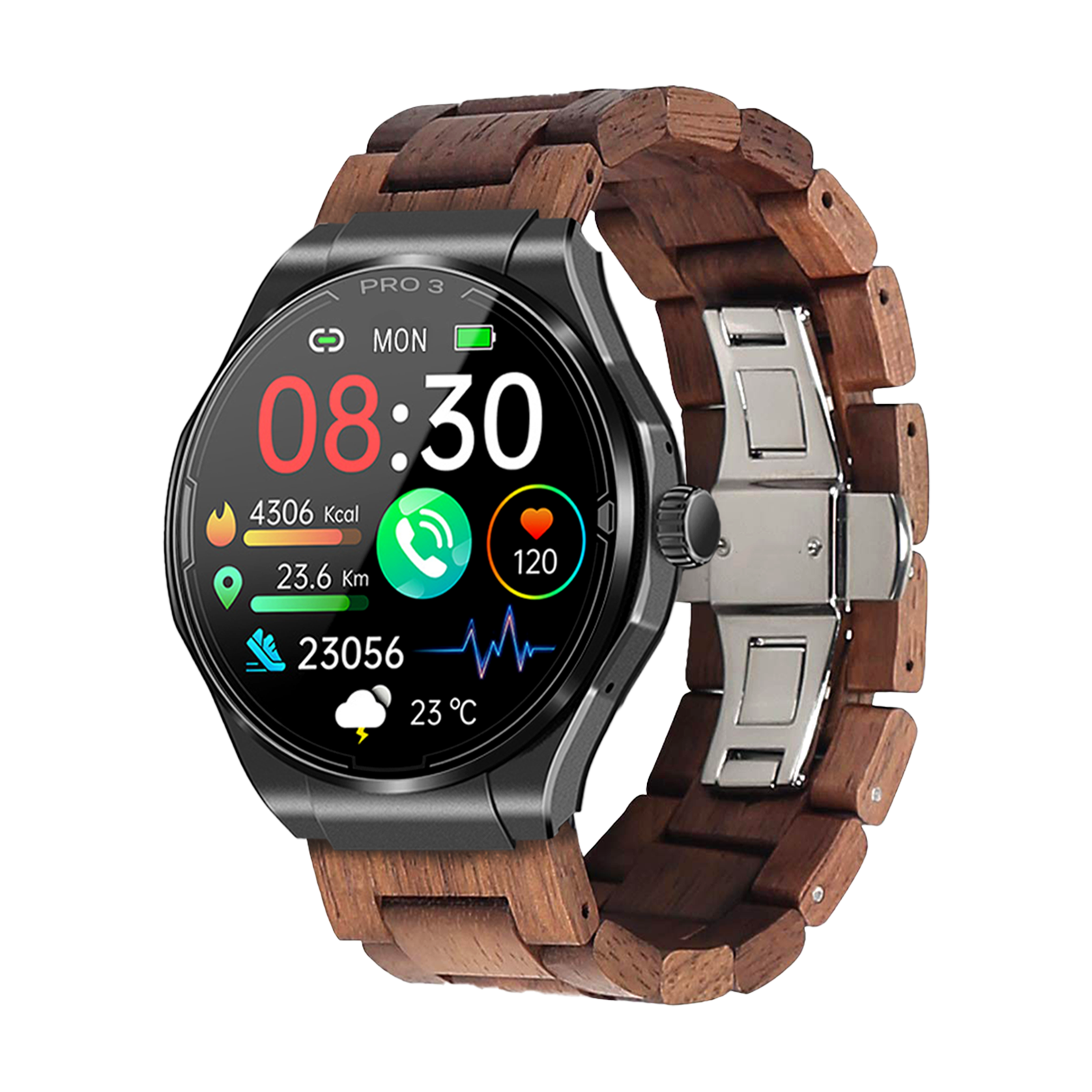 Eine Smartwatch mit schwarzem Zifferblatt und Holzarmband zeigt Zeit, Gesundheitsdaten und Wetterdetails an. Das Zifferblatt ist rund.