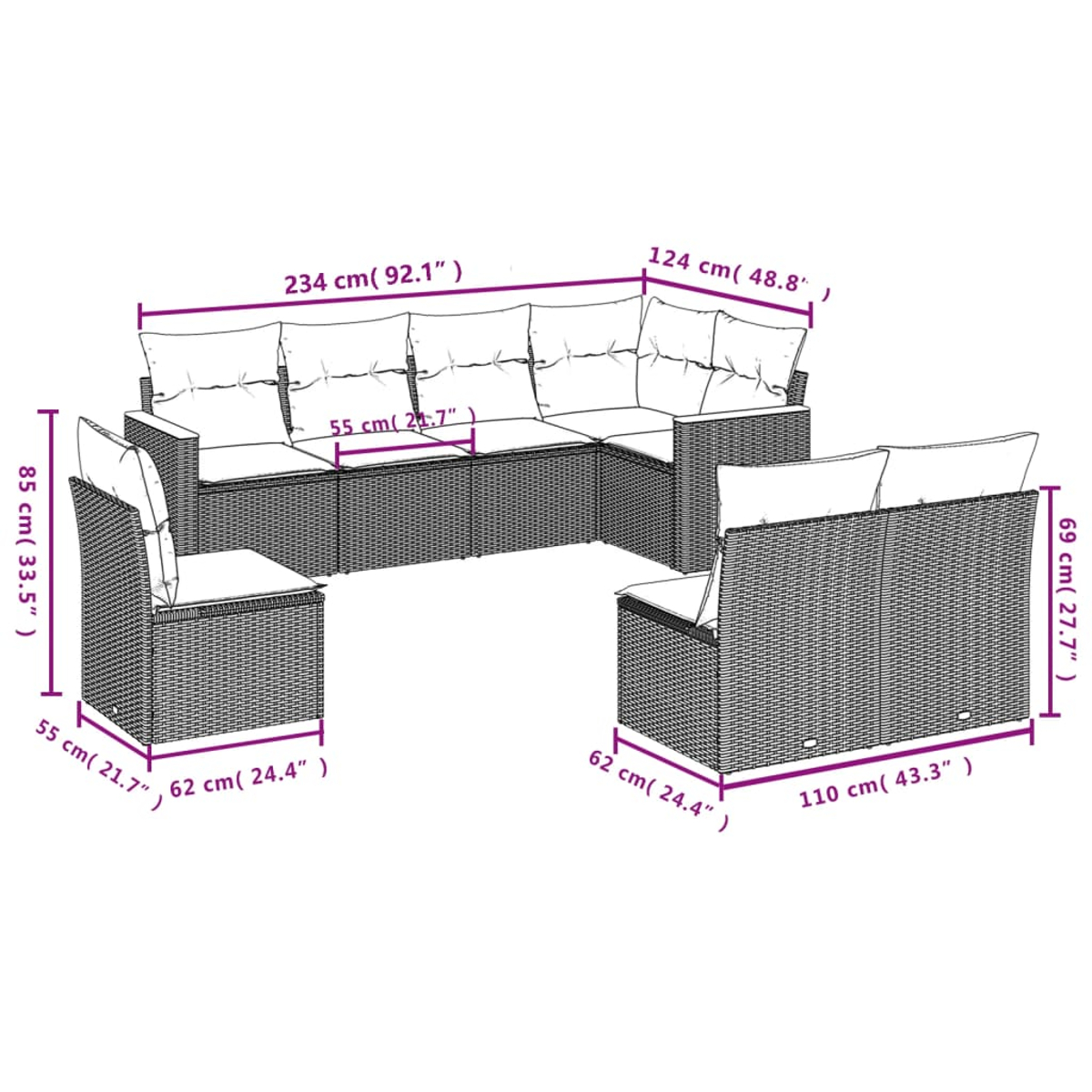 Ein geflochtenes Outdoor-Ecksofa mit Kissen wird mit Abmessungen gezeigt. Es umfasst einen langen Abschnitt, eine Ecke und einen Einzelsitz.