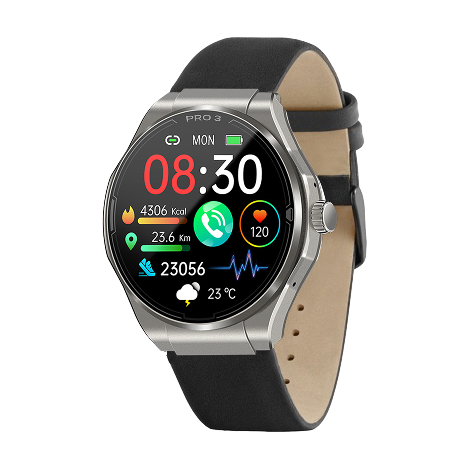 Eine silberne Smartwatch mit schwarzem Lederarmband zeigt Zeit, Statistiken und Gesundheitsdaten an. Der Bildschirm zeigt die Uhrzeit 08:30 und andere Daten.