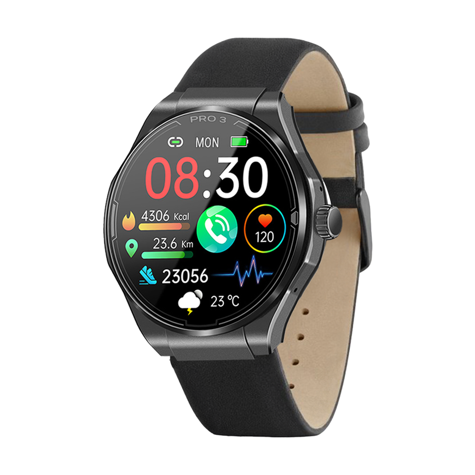 Schwarze Smartwatch mit Anzeige 08:30 und Gesundheitsmetriken. Schwarzes Lederarmband und Edelstahlgehäuse. Anzeige zeigt Schritte und Herzfrequenz.