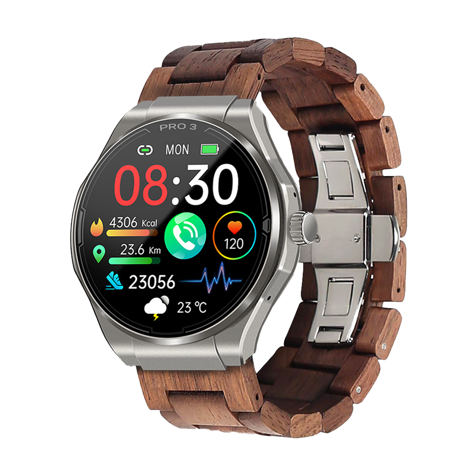 Eine Smartwatch mit silbernem Gehäuse und Holzarmband zeigt 08:30 an. Der Bildschirm zeigt Gesundheitsdaten und Montag.