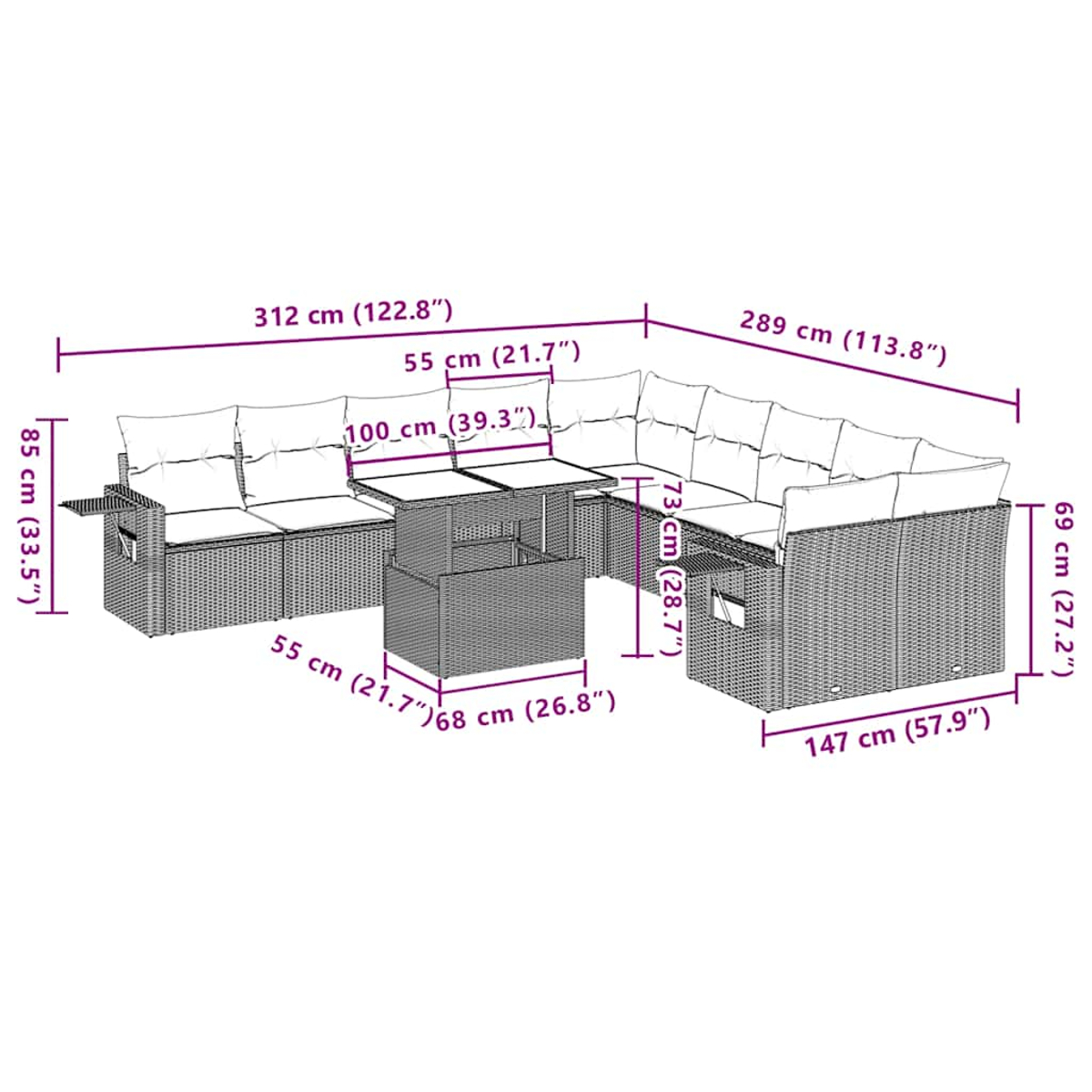 Ein Ecksofa aus Rattan für den Außenbereich mit Kissen und einem Tisch. Maße sind in cm und Zoll angegeben.