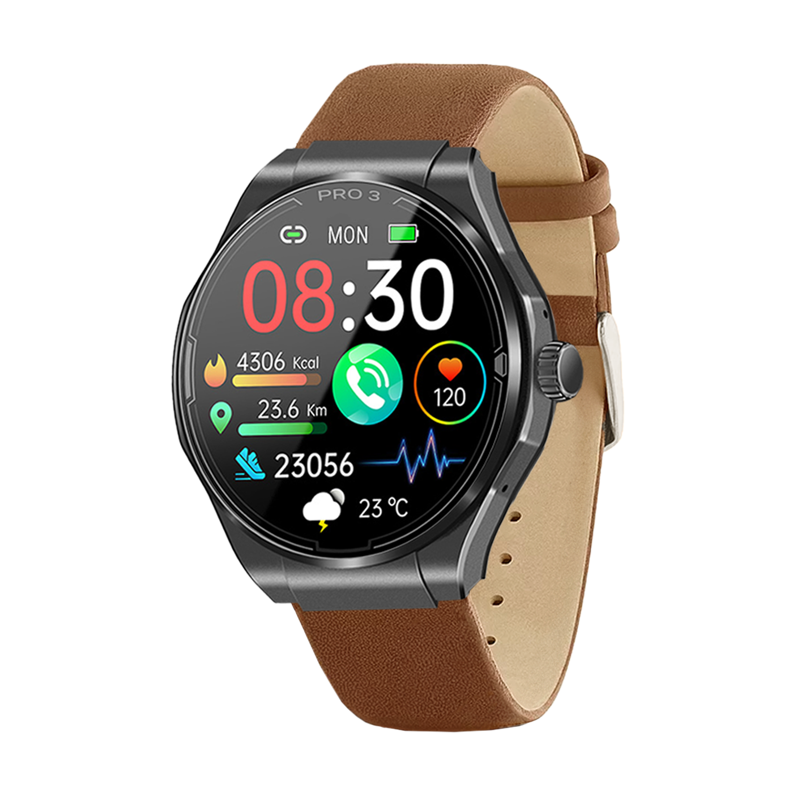 Eine Smartwatch mit schwarzem Gehäuse und braunem Lederarmband. Der Bildschirm zeigt Zeit, Aktivitätsdaten und Wetterinformationen.