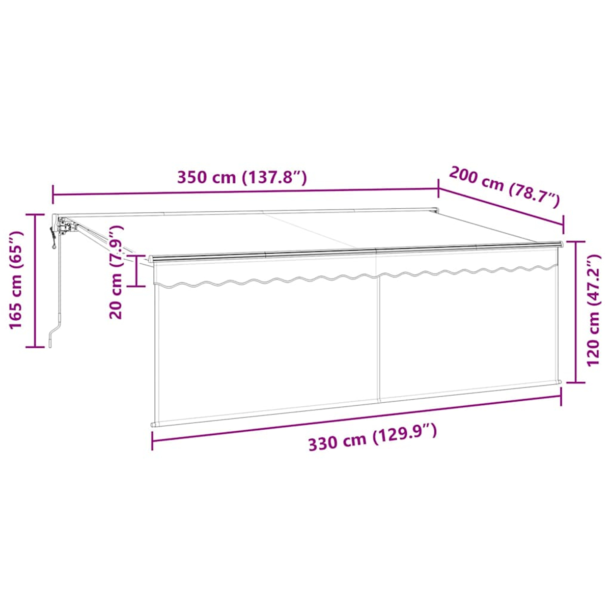 Ein Diagramm einer Markise mit Maßen in cm und Zoll. Die Abmessungen umfassen Breite, Länge und Höhe.