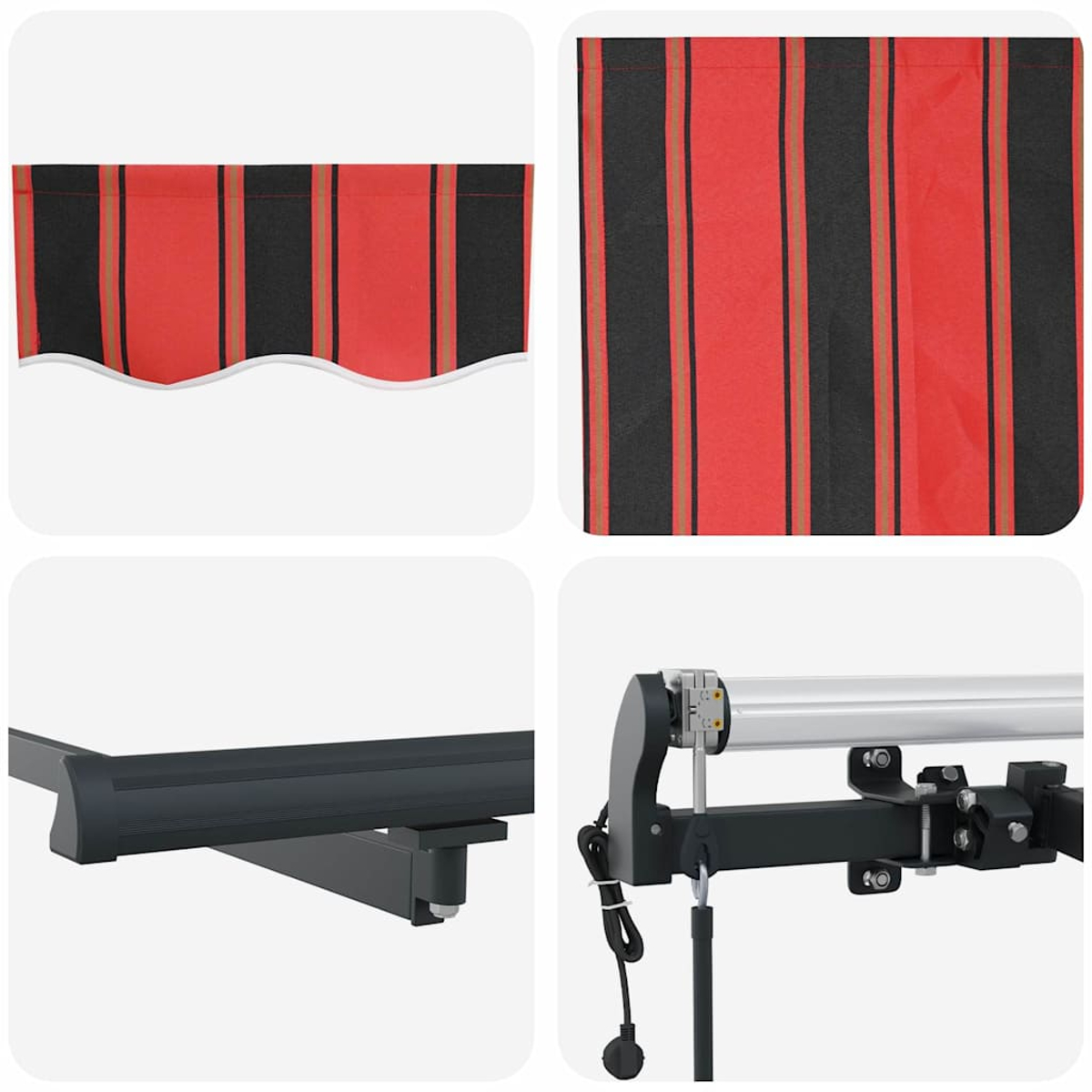 Rot-schwarz gestreifter Markisenstoff, Teile eines mechanischen Markisensystems. Details umfassen Halterungen, Rolle und Netzkabel.