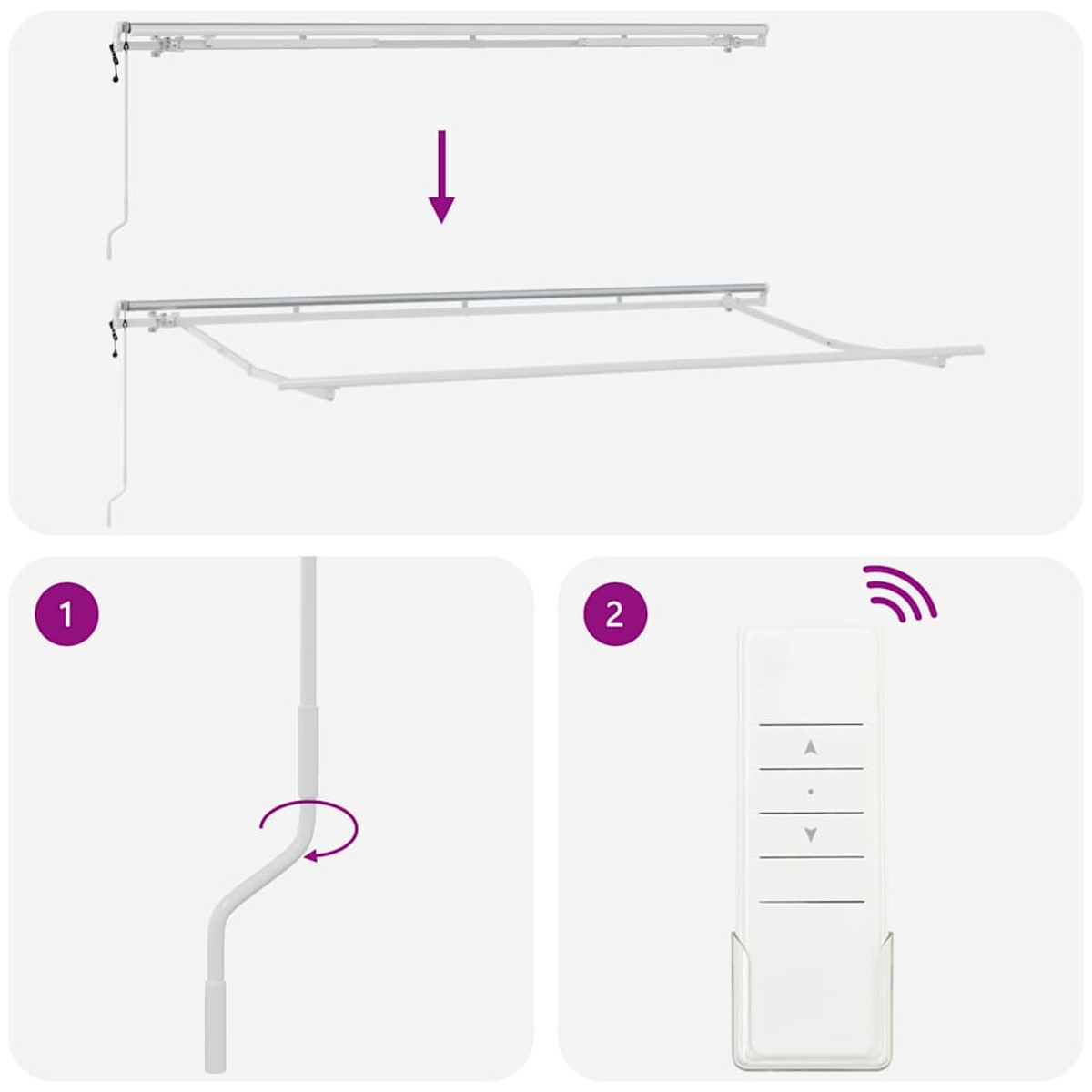 Diagramm zeigt Markisenteile und Fernbedienung. Oben wird die Markise abgesenkt. Unten Kurbel und Fernbedienung.