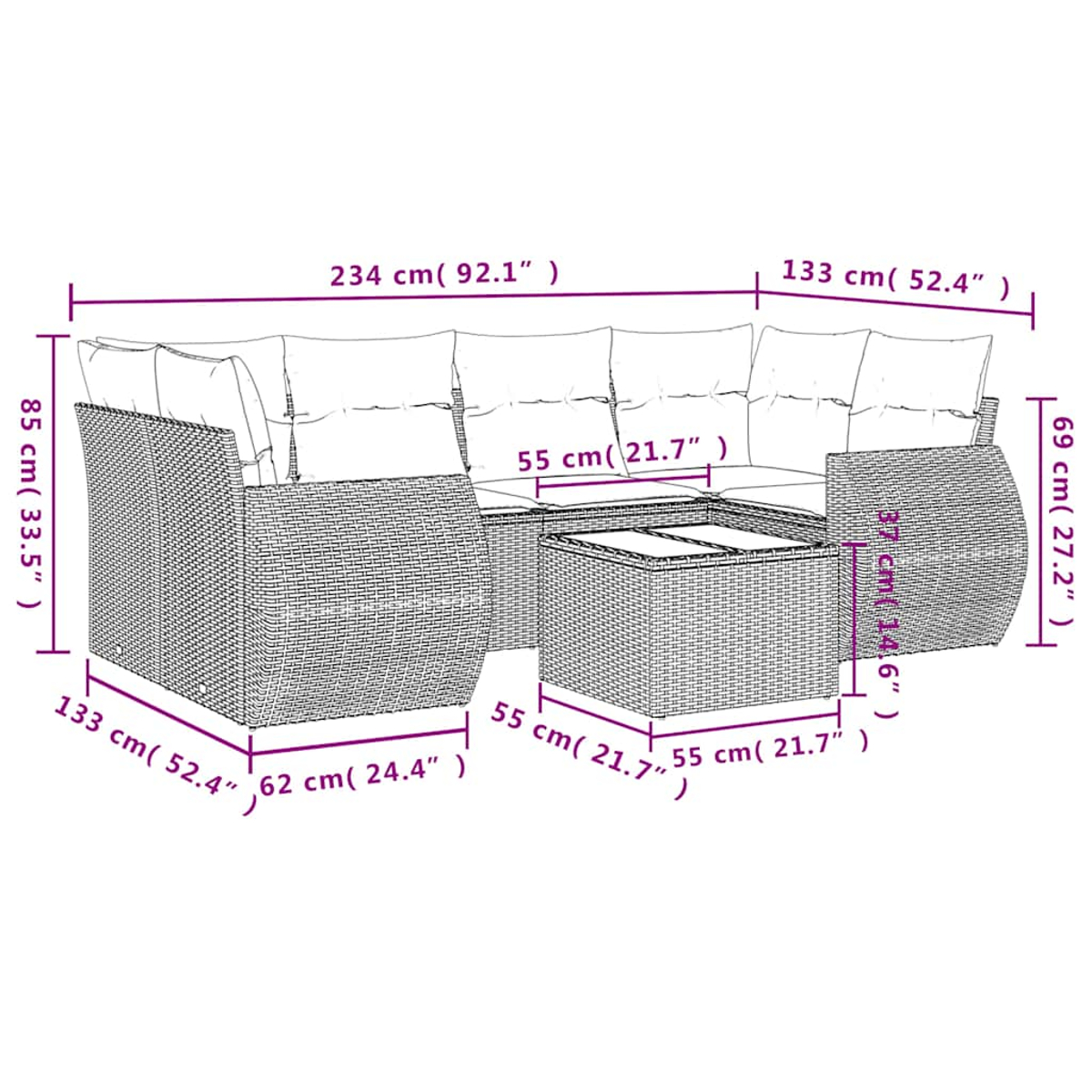 Ein geflochtenes Outdoor-Ecksofa mit beschrifteten Abmessungen. Beinhaltet ein Sofa, einen Tisch und Abmessungen in cm und Zoll.