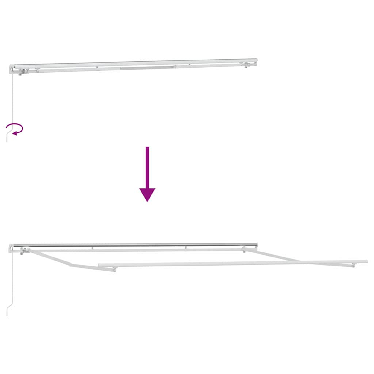 Diagramm zeigt ein ausgefahrenes Vordach. Oben ist es eingefahren, unten ausgefahren. Ein lila Pfeil zeigt die Aktion an.