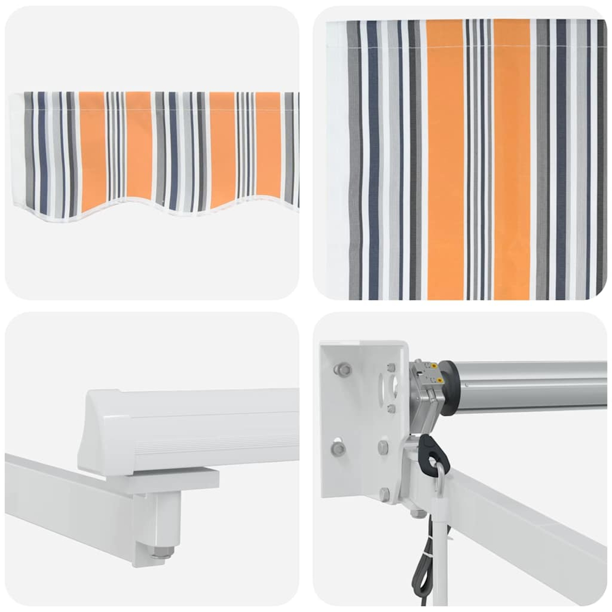 Gezeigt wird eine gestreifte Markise in Orange, Weiß, Grau und Marineblau. Details sind der Markisenstoff, die Stützarme und die Montagehardware.