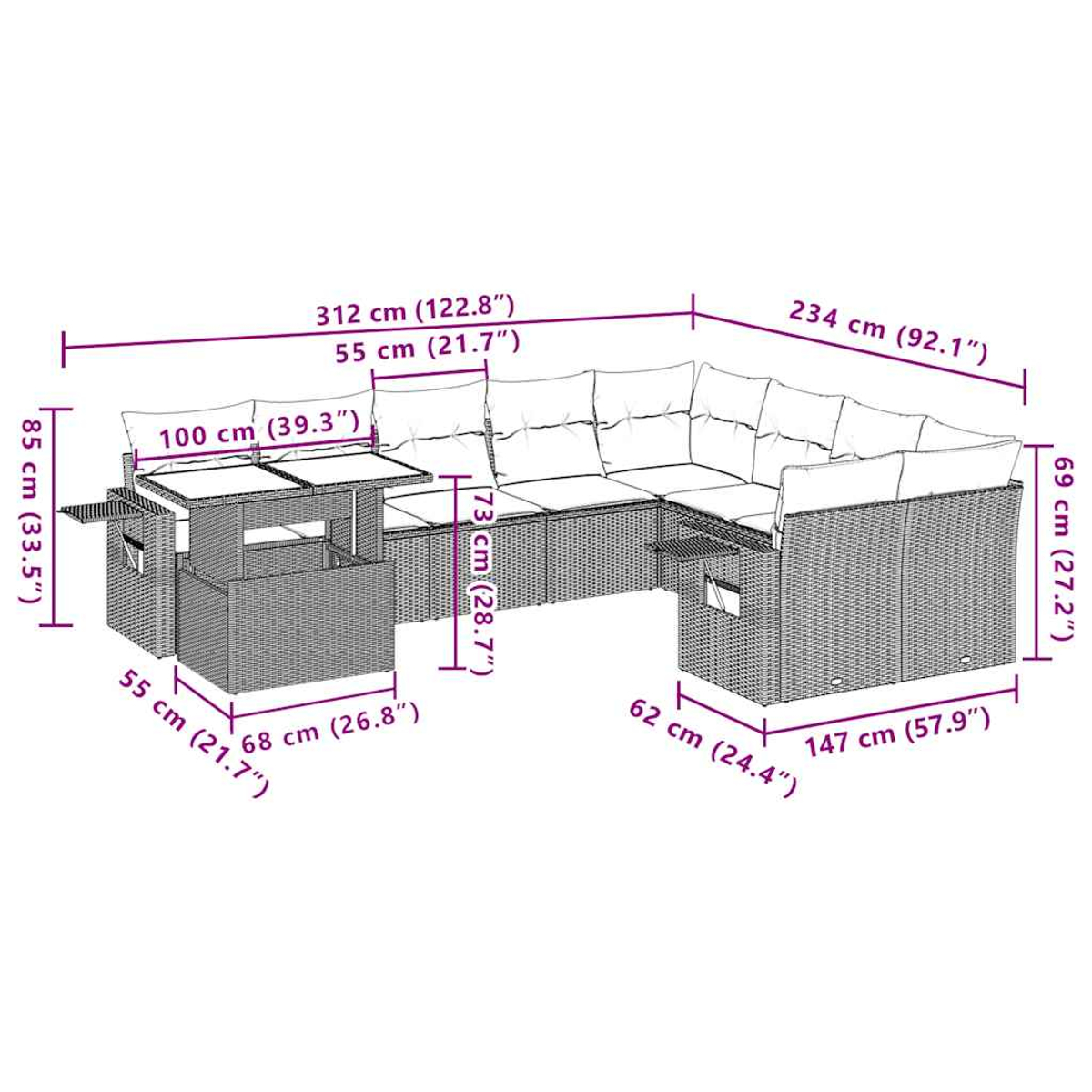 Ein Ecksofa für den Außenbereich mit Maßangaben. Inklusive Tisch mit Maßen. Das Sofa ist aus gewebtem Rattan.