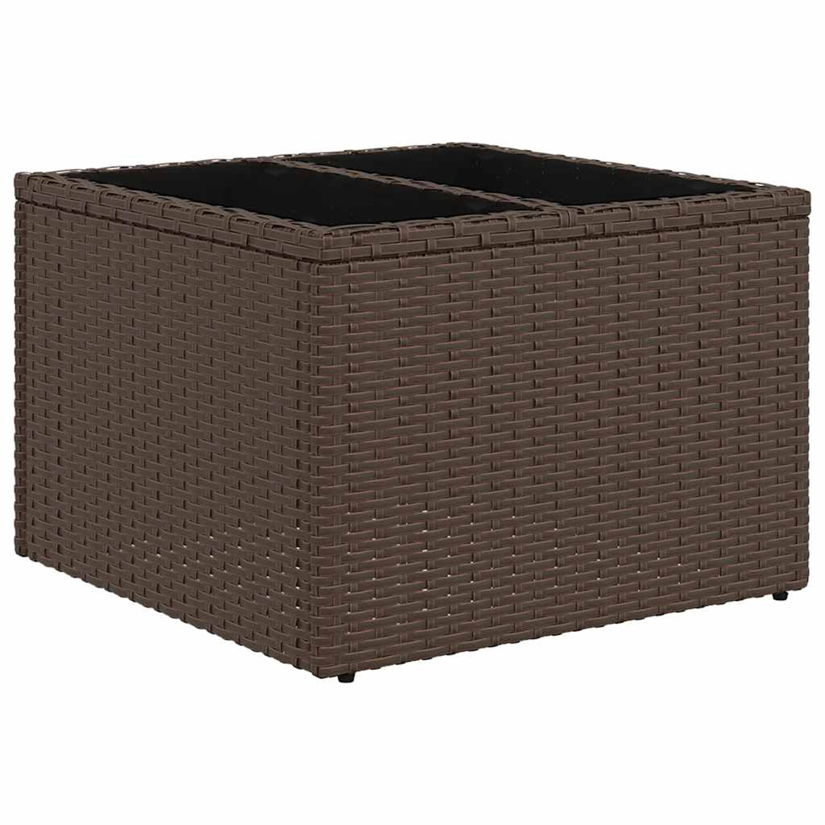 Brauner gewebter Aufbewahrungsbehälter. Er hat eine quadratische Form, ein dunkles Innere und besteht aus synthetischem Rattan.