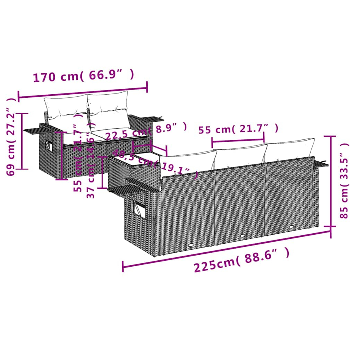 Gartenmöbel-Set aus Weide mit Maßen. Besteht aus einem Zweisitzer und einem Dreisitzer-Sofa mit Kissen.