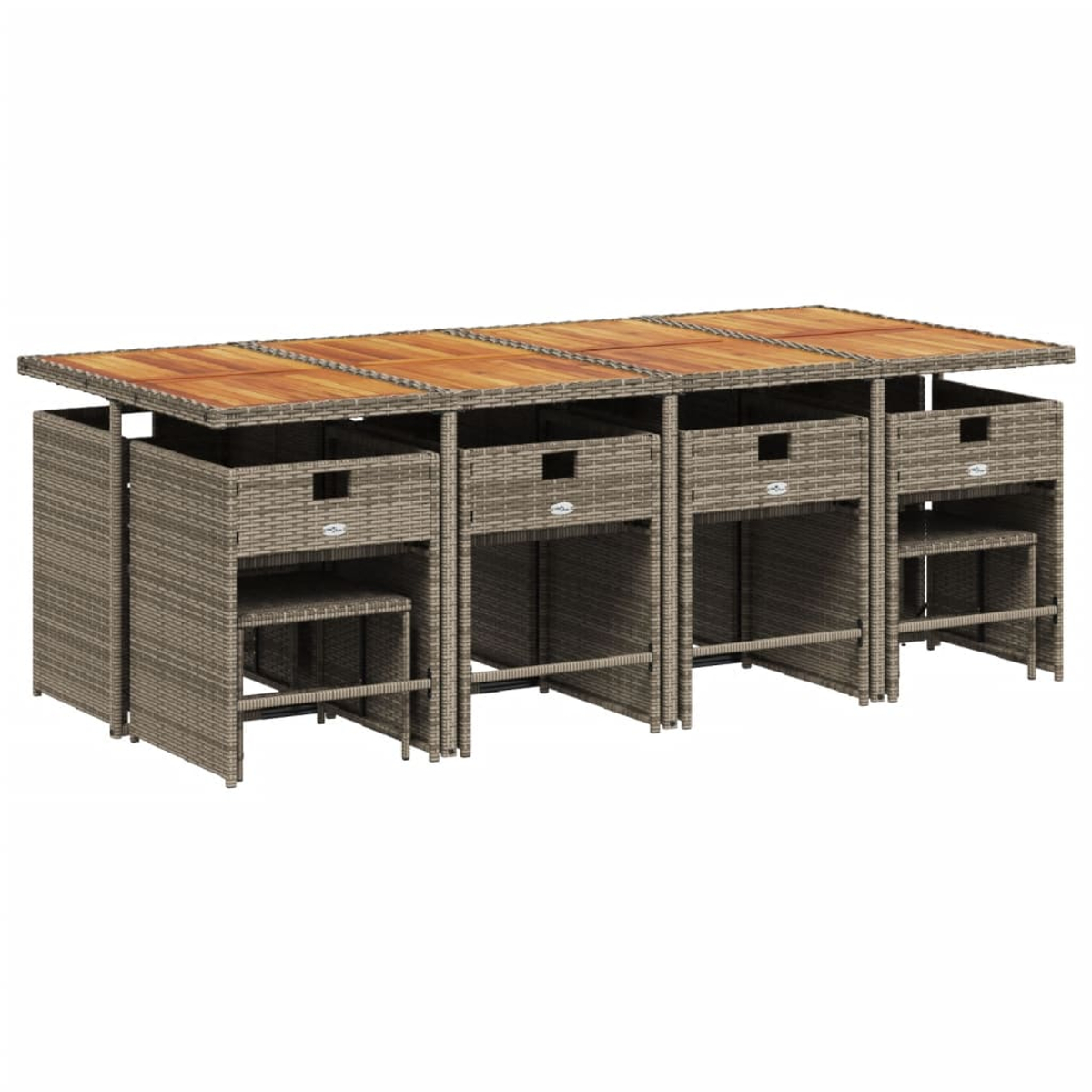 Ein Rattan-Ess-Set für den Außenbereich mit einer langen Holzplatte, Schubladen und Hockern darunter. Das Set ist grau und braun.