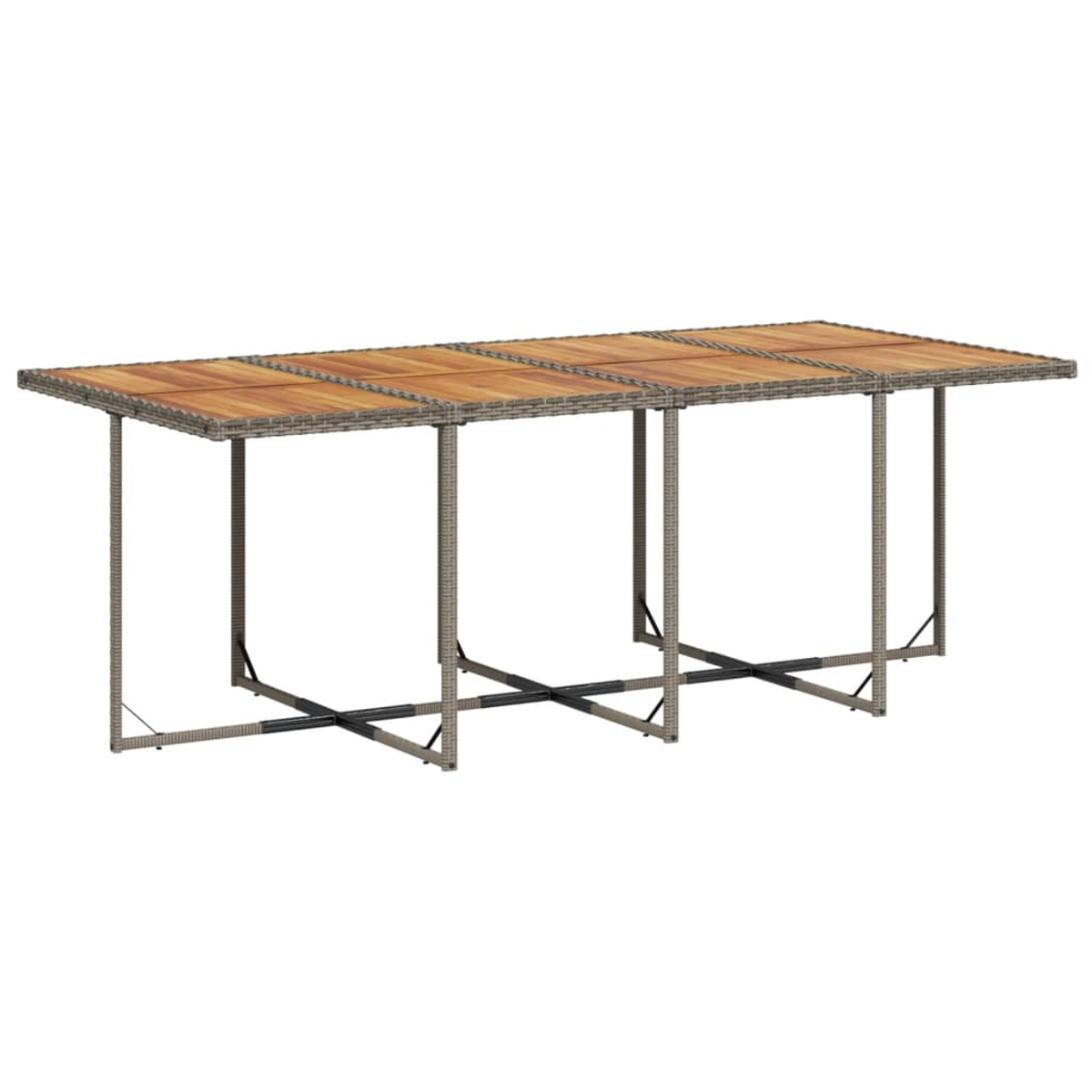 Ein rechteckiger Gartentisch mit Holzplatte und grauen Wicker-Seiten und -Beinen, auf weißem Hintergrund.