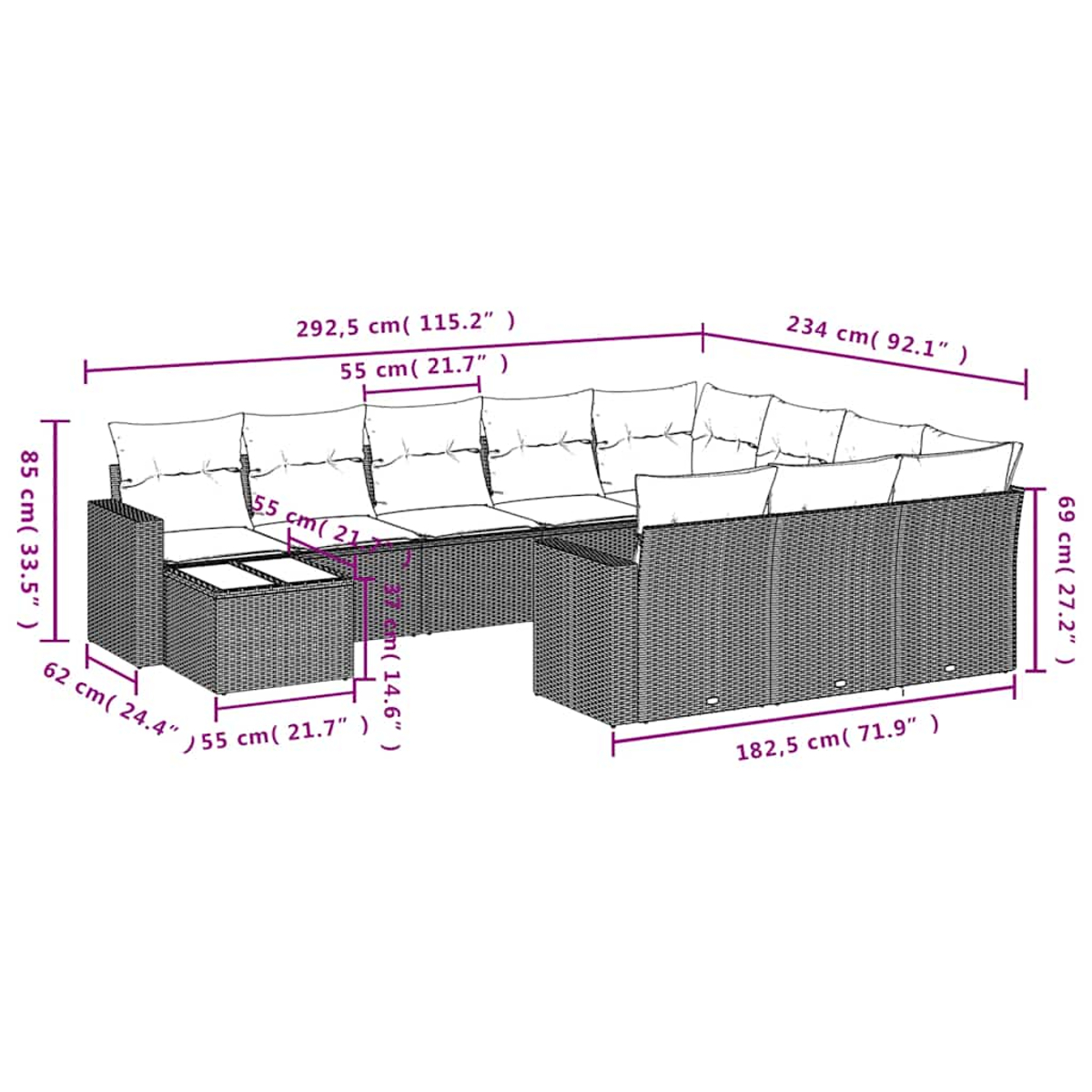 Graues Outdoor-Sofa mit Maßangaben in cm und Zoll. Inklusive Kissen und kleinem Tisch, alles im gewebten Stil.