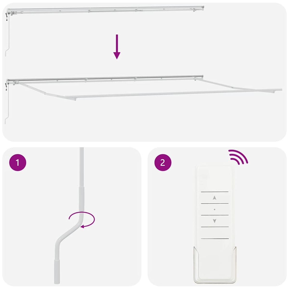 Diagramm einer Markise und Fernbedienung. Zeigt das Absenken der Markise, eine Kurbel und eine Fernbedienung mit Auf/Ab-Tasten.