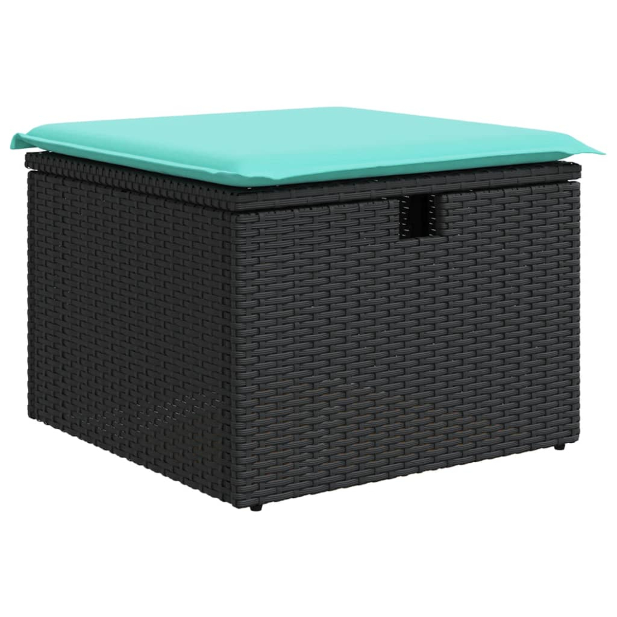 Ein quadratischer, dunkelbrauner Wicker-Stauraumhocker mit einem türkisfarbenen Kissen oben. Der Hocker hat an einer Seite einen Griff.