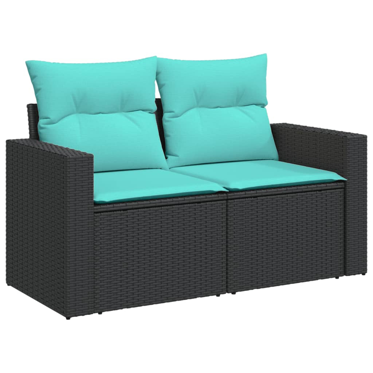 Ein schwarzes Zweisitzer-Sofa aus Korbgeflecht mit türkisfarbenen Kissen. Die Kissen befinden sich auf dem Sitz und hinter der Rückenlehne.