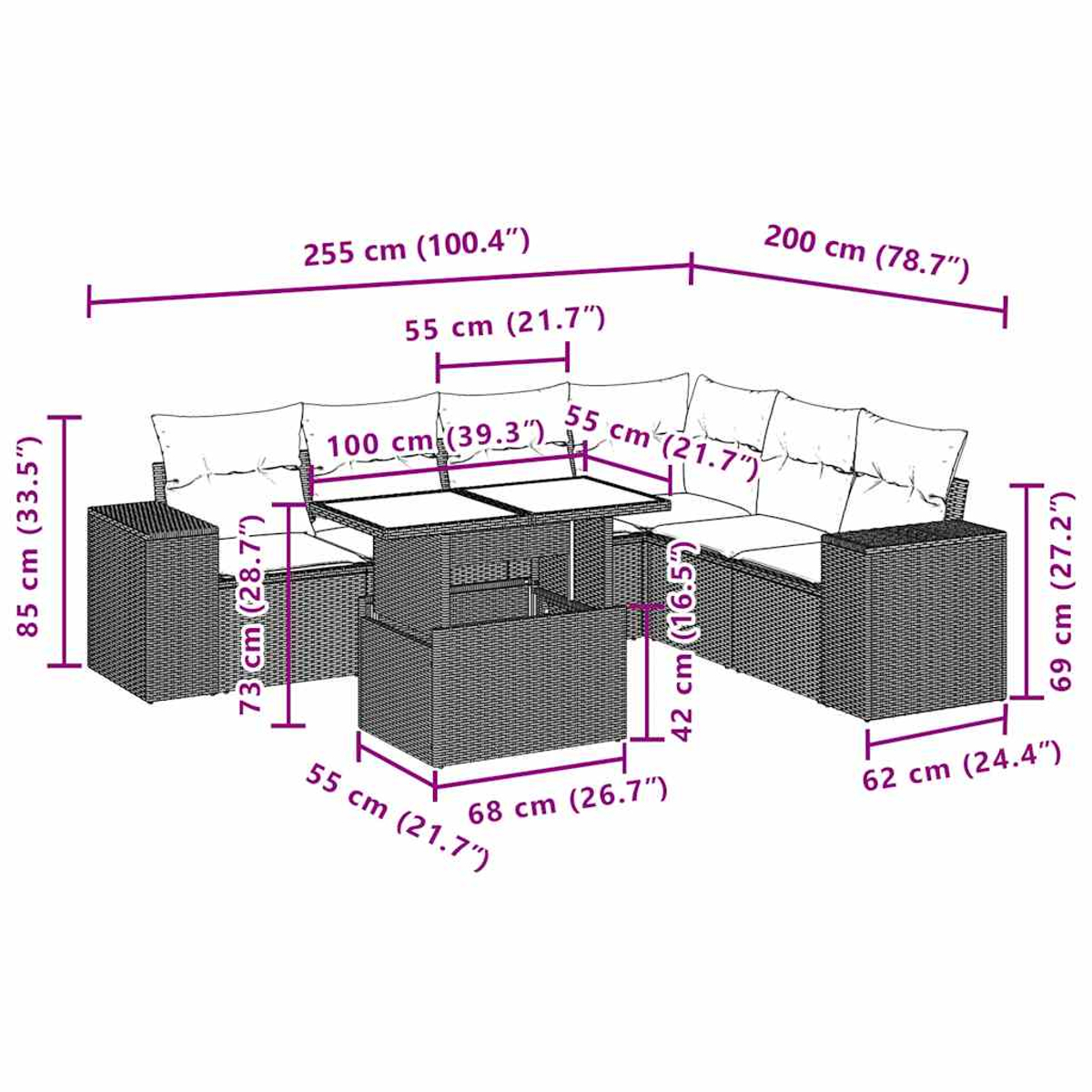 Diagramm eines Outdoor-Möbelsets mit Abmessungen. Enthält ein Sofa, einen Tisch und zwei Beistelltische. Maße in cm und Zoll sind angegeben.