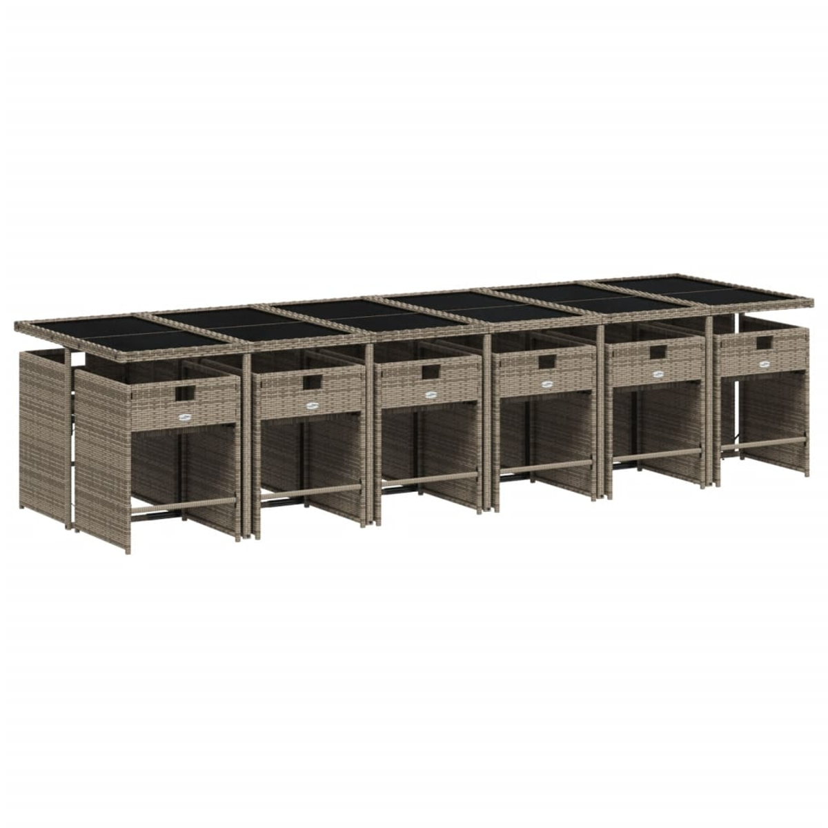 Ein Set aus sechs Bar-Einheiten aus Weide mit schwarzen Glasplatten. Jede Einheit hat eine Schublade und ein offenes unteres Regal.