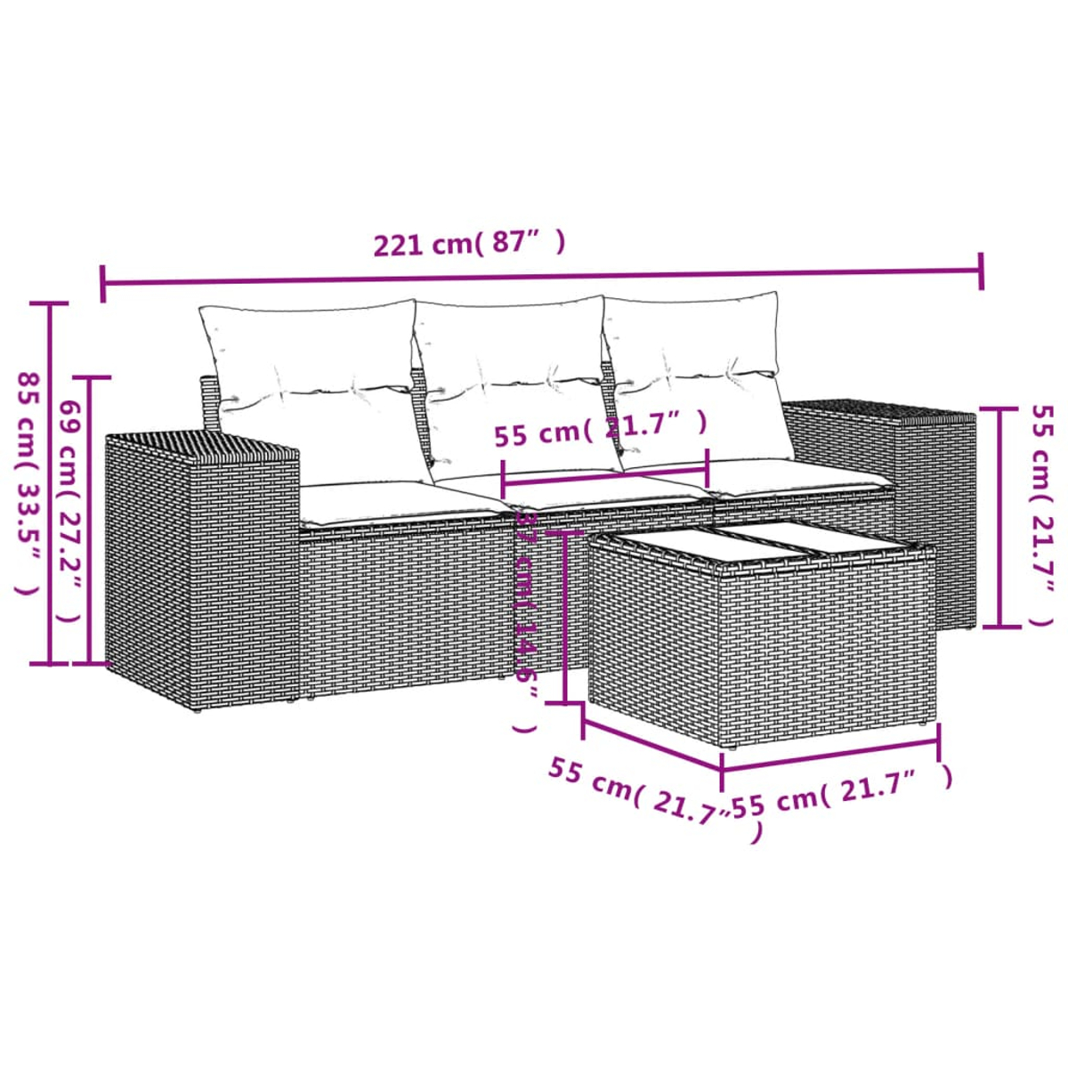 Ein Diagramm eines Korbssofas und -tisches mit Abmessungen in Zentimetern und Zoll. Das Sofa hat drei Sitzkissen.