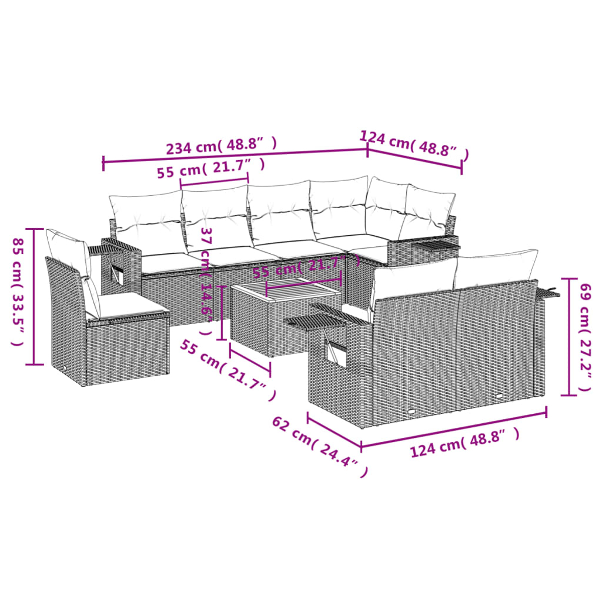 Ein graues Outdoor-Geflechtmöbel-Set mit Abmessungen. Es umfasst ein Sofa, zwei Stühle und einen Couchtisch, alle mit weißen Kissen.