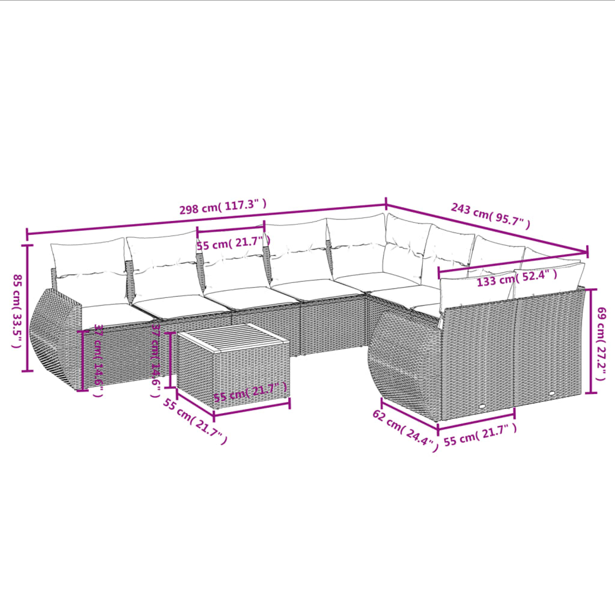 Ein Ecksofa und ein kleiner Tisch im Freien sind mit Maßangaben dargestellt. Das Sofa ist aus Korbgeflecht mit cremefarbenen Kissen.