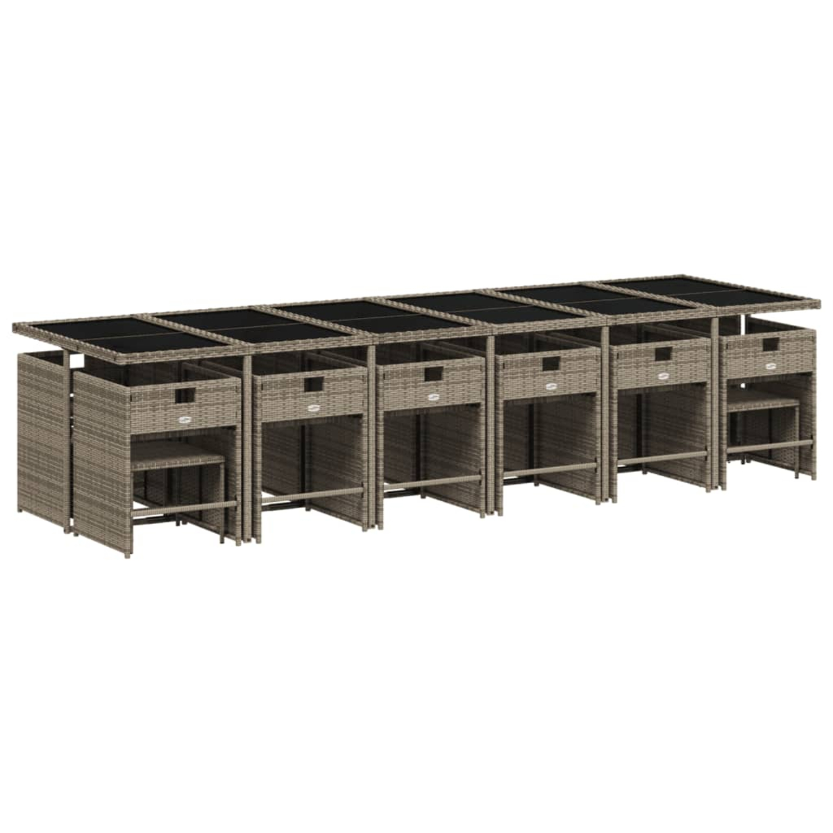 Outdoor-Bar-Set. Sechs Bar-Einheiten aus Korbgeflecht mit schwarzen Glasplatten. Jede hat eine Schublade und Fußstütze. Neutraler Hintergrund.
