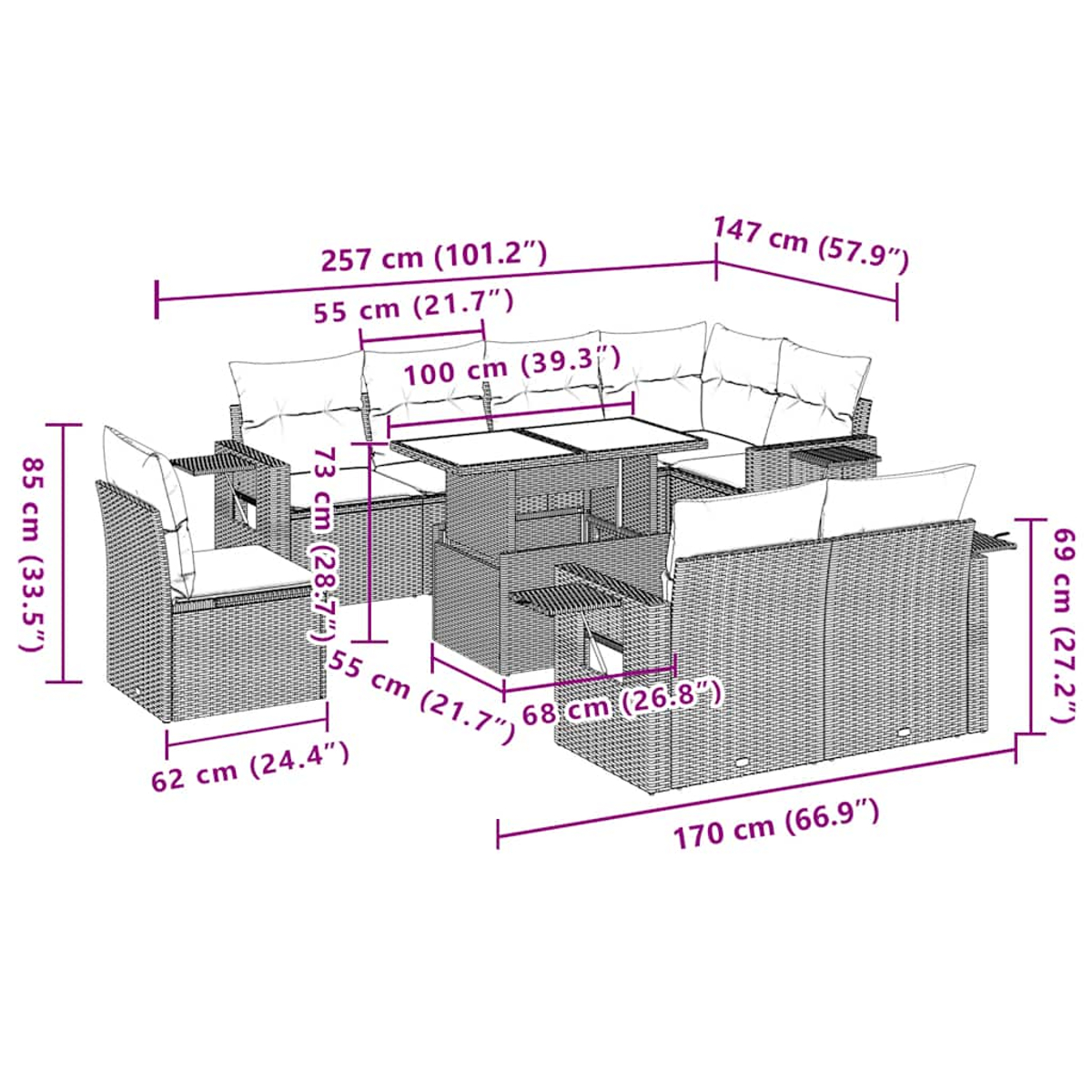 Ein Diagramm eines Rattan-Gartenmöbelsets mit Abmessungen in Zentimetern und Zoll. Es umfasst einen Tisch, Stühle und ein Sofa.