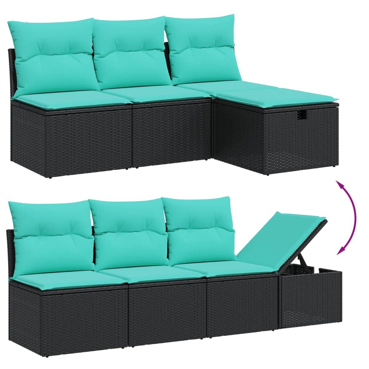 Schwarzes Korbsesselsofa mit türkisfarbenen Kissen. Ein Abschnitt ist geöffnet, um Stauraum zu zeigen. Pfeil zeigt Öffnungsaktion an.