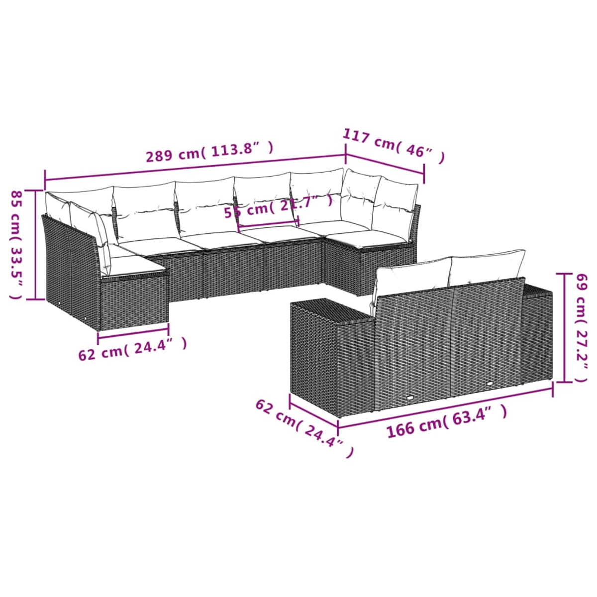 Diagrama de un sofá seccional de mimbre para exteriores, con dimensiones en cm y pulgadas. Incluye un sofá grande y un loveseat más pequeño.