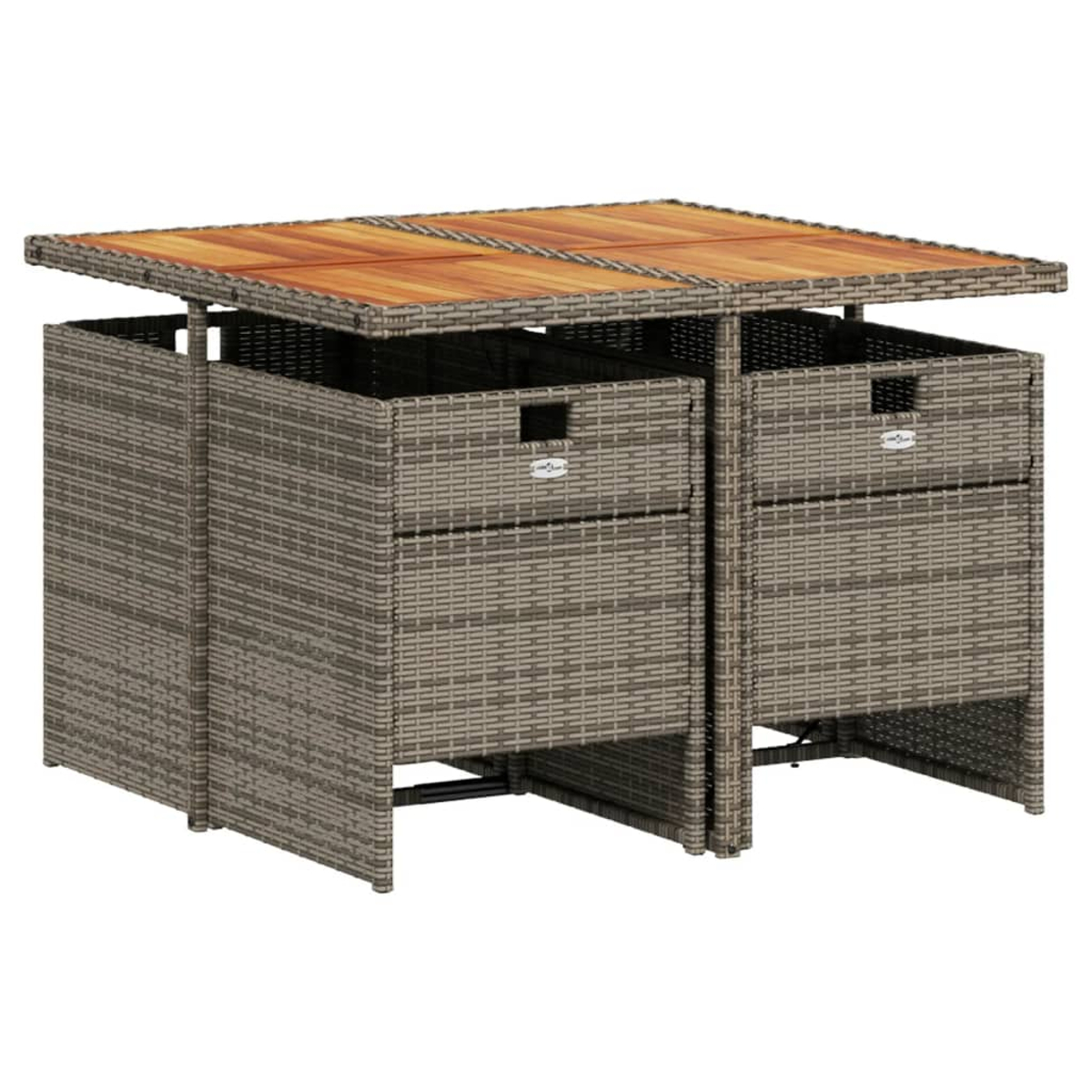 Ein rechteckiger Outdoor-Tisch mit Holzplatte steht über zwei Aufbewahrungseinheiten aus Korbgeflecht. Die Einheiten sind grau und haben Griffe.