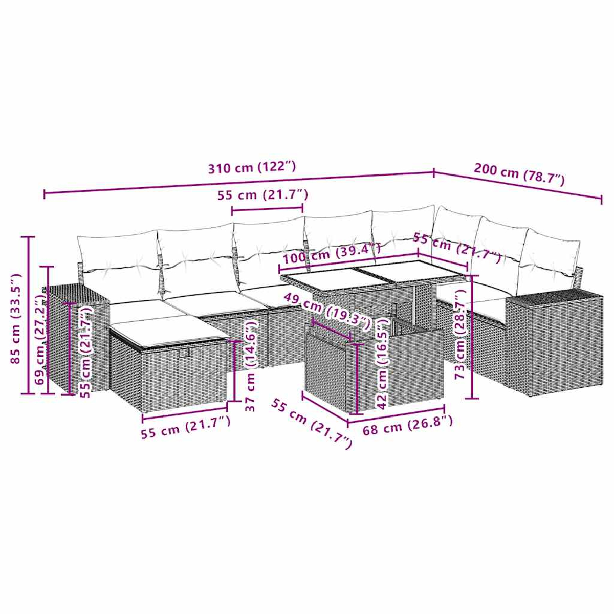 Ein Rattan-Outdoor-Ecksofa-Set mit Kissen und einem passenden Couchtisch, mit Maßangaben.