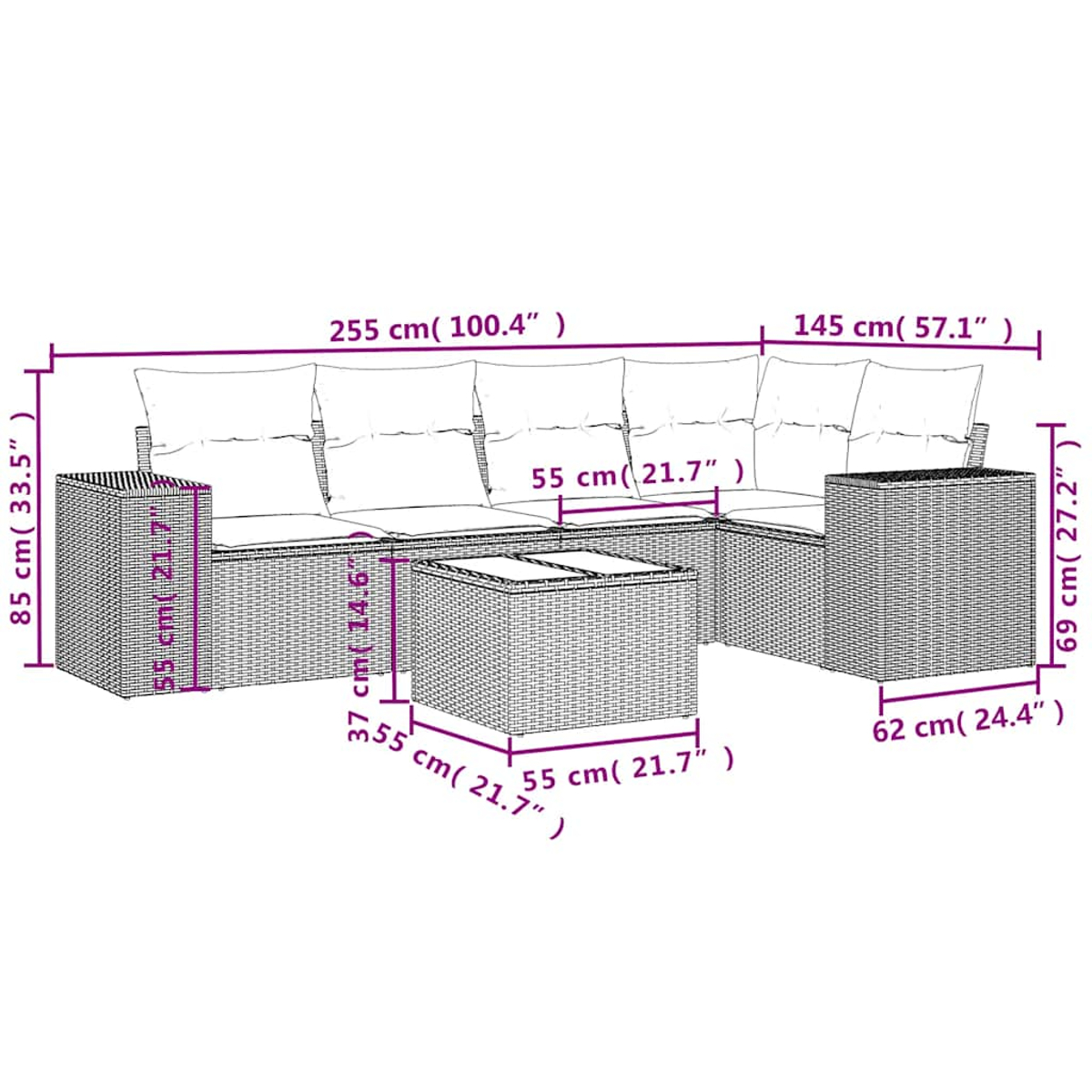 Geflochtenes Outdoor-Sofa-Set mit Maßangaben. Enthält ein großes Sofa, einen kleinen Tisch und einen Beistelltisch.