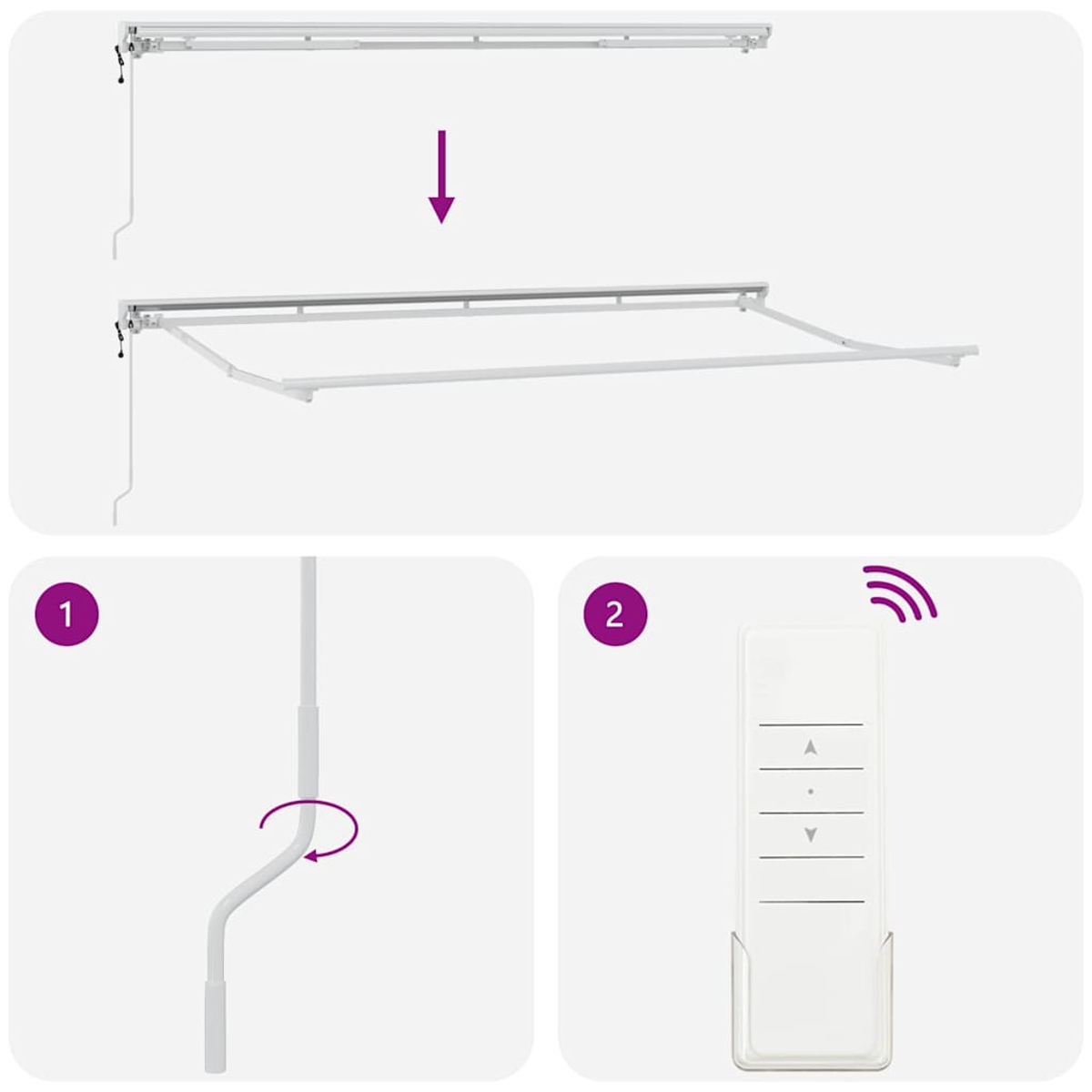 Diagramm zeigt Markiseninstallationsschritte. Enthält eine Markise, Fernbedienung und eine Kurbel. Pfeile zeigen Bewegung und Bedienung an.