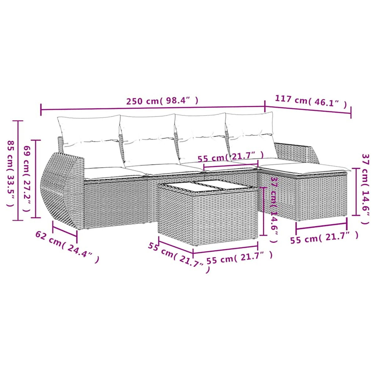 Ein Rattansofa-Set mit beschrifteten Abmessungen. Es umfasst ein Dreisitzer-Sofa, eine Ottomane und einen kleinen Tisch, alle mit Kissen.