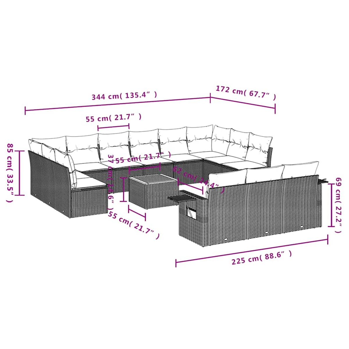 Outdoor-Ecksofa-Set mit Maßen, einschließlich Tisch. Merkmale: Korbgewebe und Kissen. Maße in cm und Zoll.