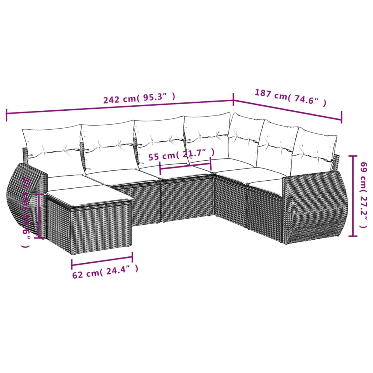Ein Diagramm eines grauen Korbsessel-Ecksofas mit weißen Kissen. Die Abmessungen sind in Lila beschriftet.