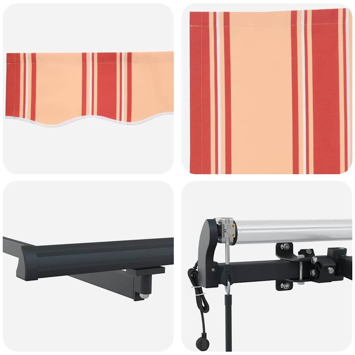 Vier Nahaufnahmen: gestreifter Markisenstoff und Teile eines Metallrahmens. Farben sind rot, orange, weiß und dunkelgrau.