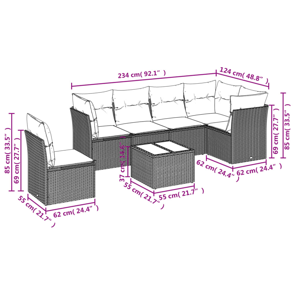 Un sofá seccional de mimbre para exteriores con cojines y una mesa a juego. Las dimensiones están etiquetadas en cm y pulgadas.