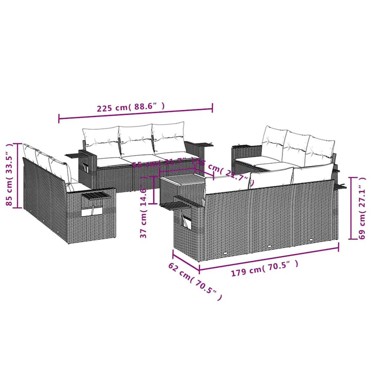 Gartenmöbel-Set aus Rattan, umfasst ein Sofa, zwei Stühle und einen Couchtisch. Maße sind in cm und Zoll angegeben.